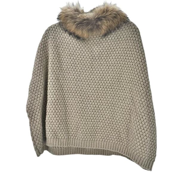Linda Richards Wool Blend Fur-Trimmed Knit Poncho Raccoon Fur Collar NWT - Picture 4 of 13
